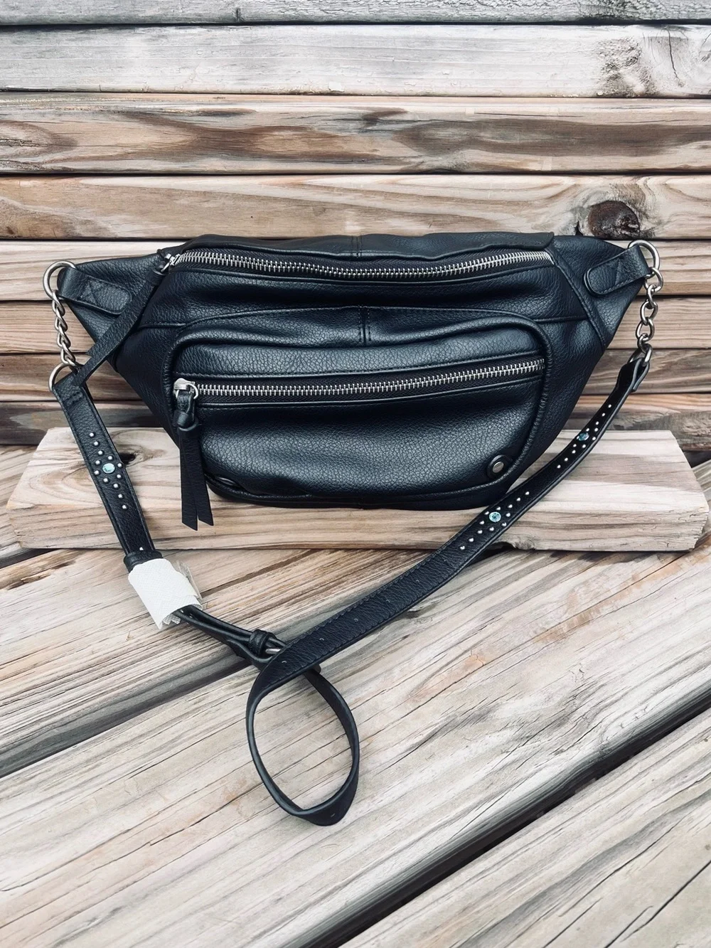 •Black Leather Riveted Crossbody Belt Bag! NEW!